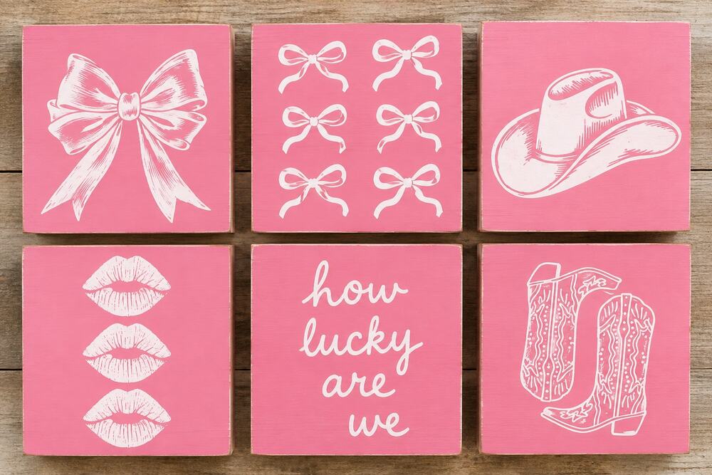 Set of 6 5"x5" Pink Western Wood Signs | Cowboy Boots, Hat, Bows & Lips